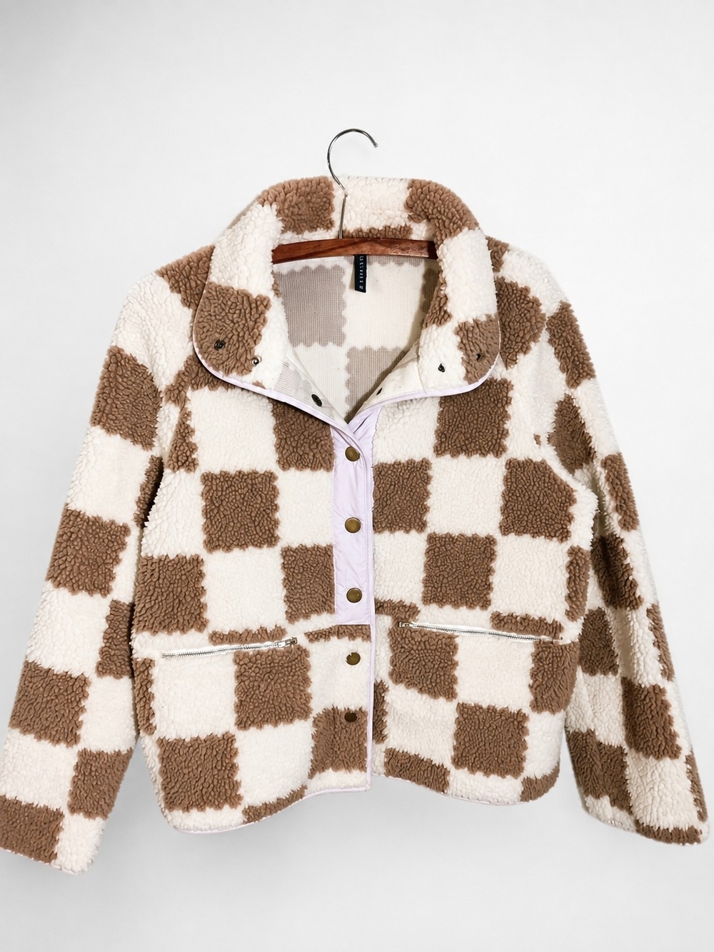 Gilipur Women’s Brown Cream Checkered Sherpa Fleece Jacket Teddy Coat Y2K - Picture 2 of 7